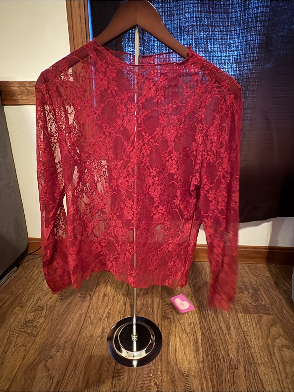 Women’s Red Lace Long-Sleeve Top - Elegant Sheer Blouse